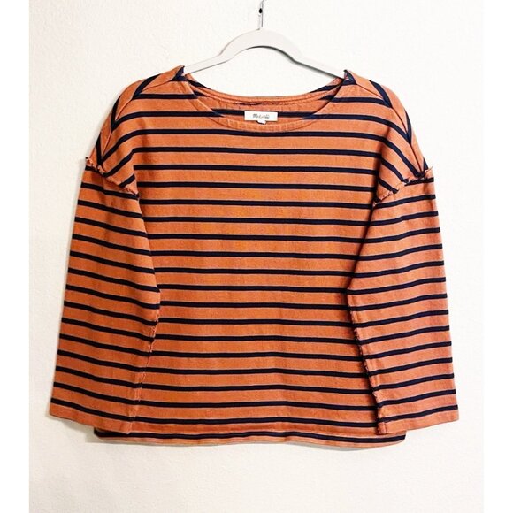 Madewell Luxe Long-Sleeve Tee in Casler Stripe Rust Orange Navy Blue SZ Medium - Picture 2 of 8